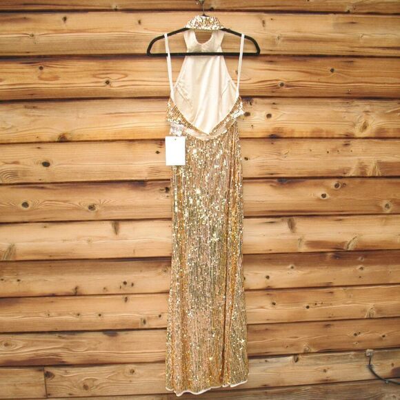 MAC DUGGAL 93976 Gold Open Back High Neck Sequin Gown Dress - Picture 12 of 15